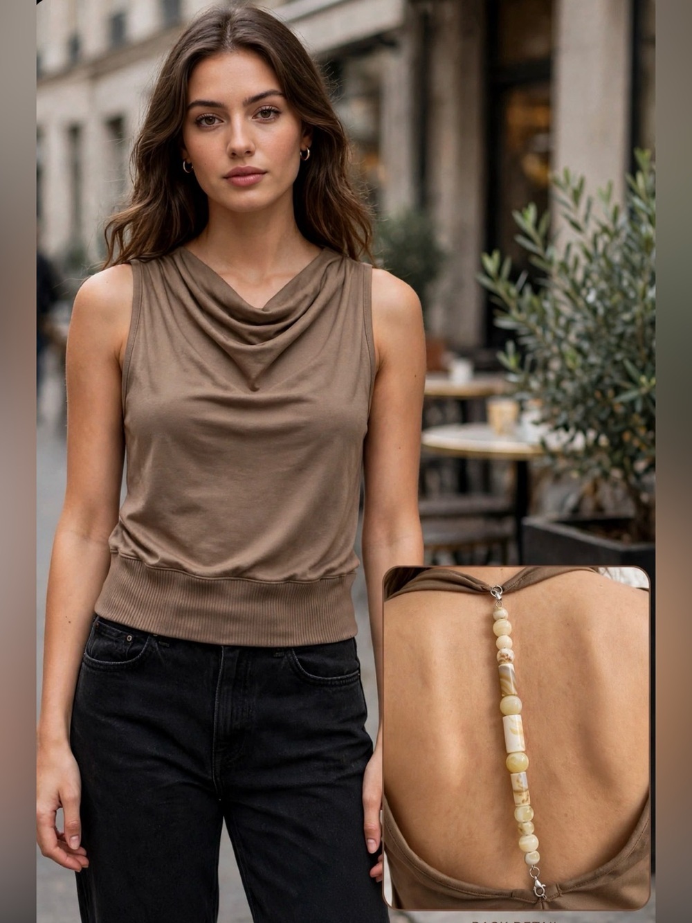 Draped cowl neck halter top with beaded back